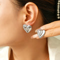 Gold Steel Rhinestone Paved Heart Stud Earrings Pair view 3