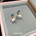 Blue Star Dangle Earrings with Gold Tone Open Star Frames view 3