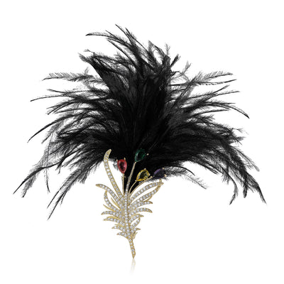 Black feather crystal plume brooch front
