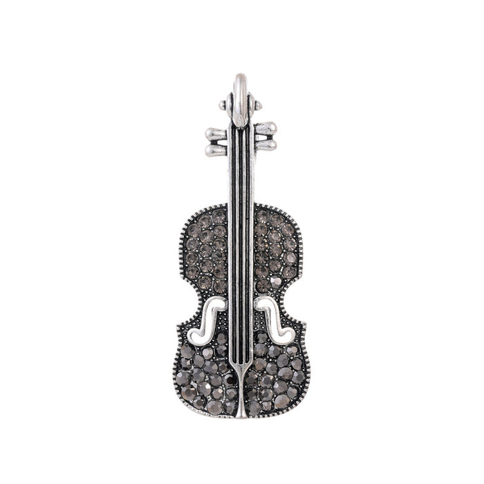Silver Tone Violin Crystal Enamel Metal Brooch Pin