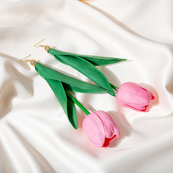 Yellow and Pink Tulip Flower Extra Long Hook Earrings