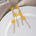 Yellow Flower Clear Stone Long Chain Tassel Stud Earrings view 2