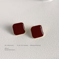 Wine Red Square Enamel Stud Earrings Gold-Tone Metal Frame view 1