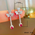 Silver Tone Floral Red Teardrop Crystal Earrings view 5