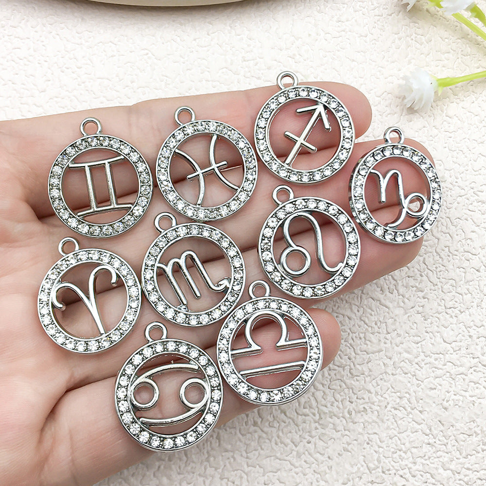 Rhinestone Zinc Alloy Zodiac Round Tag charm pendants for DIY keychains bracelets necklaces