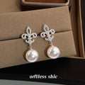 Silver Tone Clear Stone Fleur De Lis Large Pearl Drop Earrings view 6