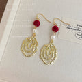 Gold Hook Earrings Red Flock Ball Pearl Spiral Metal Drop view 4