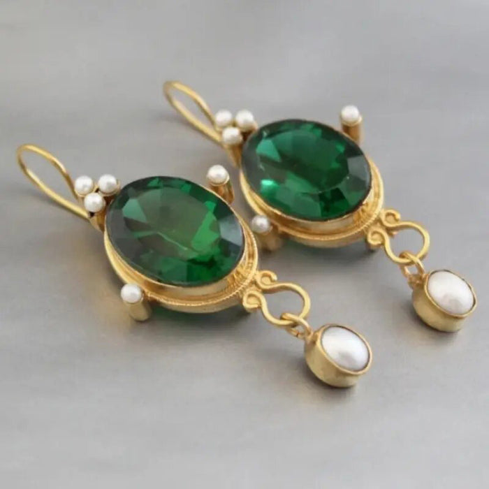 Gold Tone Green Oval Stone Earrings With Pearl Drops