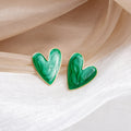 Green Marble Enamel Heart Stud Earrings Gold Tone Rim view 2