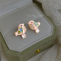 Gold Tone Pink Bird Turquoise Flower Clear Drop Stud Earrings view 1