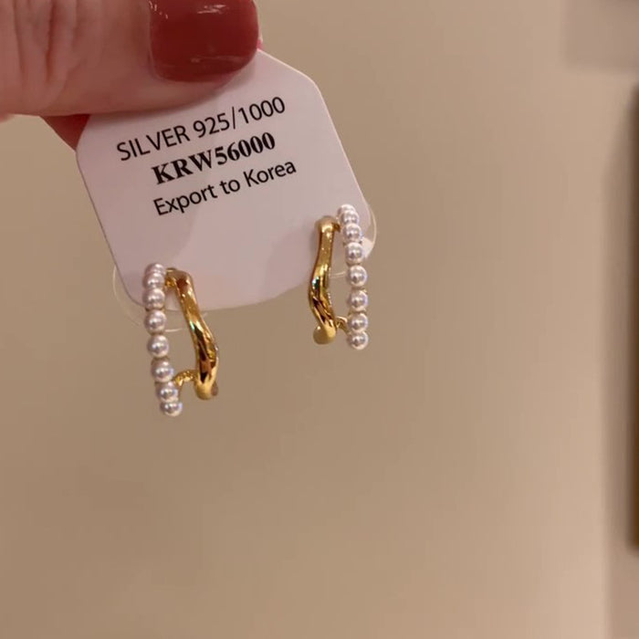 White Pearl Double Row Gold Tone Huggie Earrings With Metal Details