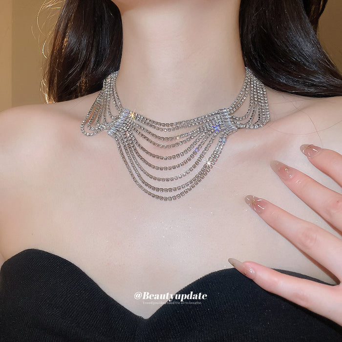 Layered Silver Tone Crystal Chain Statement Collar Necklace
