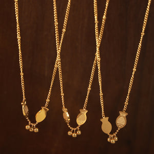 Gold Double Fish Charm Necklace With Three Bead Accents
