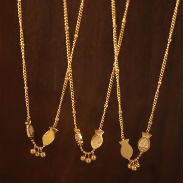 Gold Double Fish Charm Necklace With Three Bead Accents