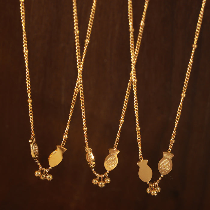 Gold Double Fish Charm Necklace With Three Bead Accents