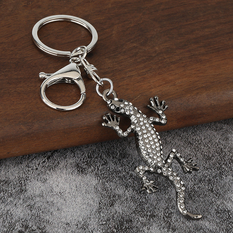 Rhinestone Gecko Lizard Keychain Flexible Silver Alloy Bag Charm