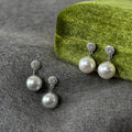 Silver Pavé Disc Faux Pearl Drop Stud Earrings Gray White view 3