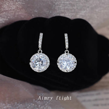 Silver-Tone Crystal Bar Round Halo CZ Drop Earrings