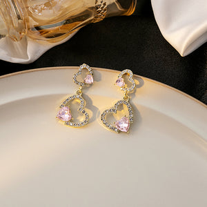Double Heart Drop Earrings with Pink and Clear Cubic Zirconia, Gold Tone