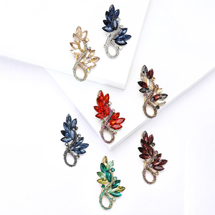 Crystal Leaf Spray Brooch With Open Teardrop in Seven Colors