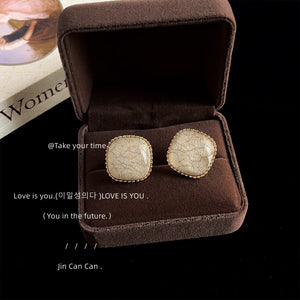 Gold Beaded Edge Square Stud Earrings Cream Crackle Glaze