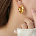 C-Shape Bamboo Segment Hoop Earrings Gold Steel Tone view 1