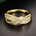 Gold Crossed Baguette Pavé Clear Stone Ring Sizes 6-10 view 1