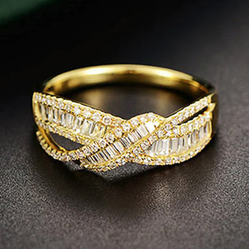 Gold Crossed Baguette Pavé Clear Stone Ring Sizes 6-10