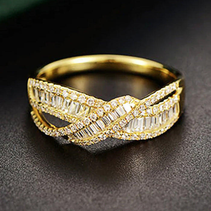 Gold Crossed Baguette Pavé Clear Stone Ring Sizes 6-10