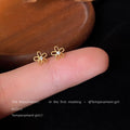 Gold Tone Open Five Petal Flower Mini Stud Earrings For Women view 3