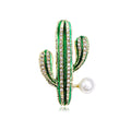 Green Gold Tone Cactus Crystal Pearl Look Metal Brooch Pin view 1