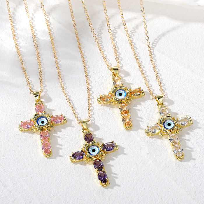Gold Cross Evil Eye Gemstone Pendant Necklaces 4 Colors