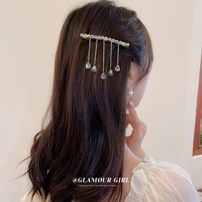Iridescent Crystal Barrette With Five Bead And Chain Drops