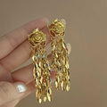 Silver Tone Sculpted Rose Earrings With Cascading Metal Fringe view 3
