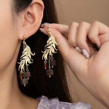 Gold Feather Branch and Brown Cube Long Dangle Earrings