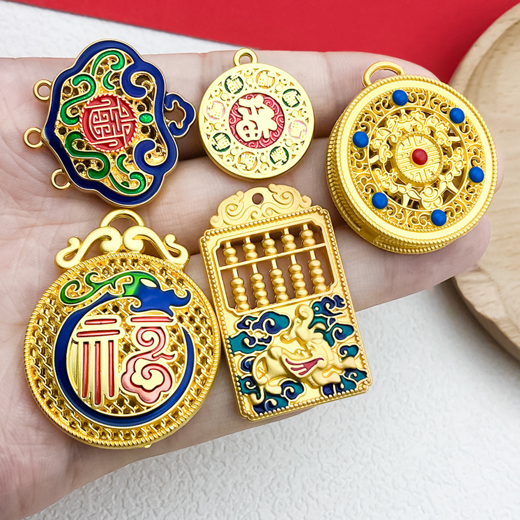 Gold Tone Zinc Alloy Longevity Lock Abacus Fu Lock Hollow charm pendants for DIY bracelets