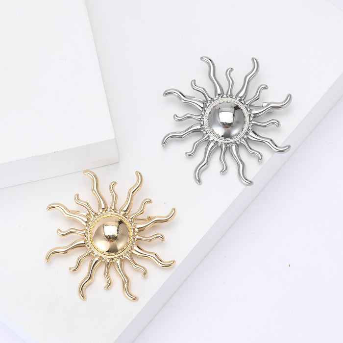 Wavy Sun Brooch with Polished Dome Center Decorative Metal Pin