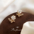 Gold White Enamel Camellia Pave Leaf Jacket Earrings view 3