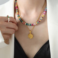Multicolor Flat Disc Stone Bead Necklace Gold Spacers view 1