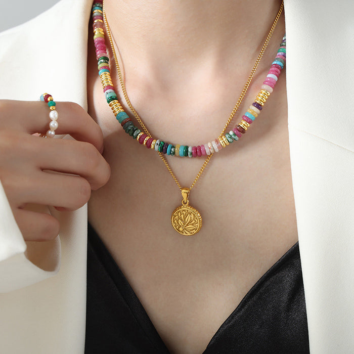 Multicolor Flat Disc Stone Bead Necklace Gold Spacers