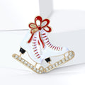 White Double Ice Skate Brooch With Red Bow and Crystal Blades view 2