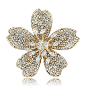 Clear-Stone Five-Petal Flower Brooch, Gold or Silver-Tone Alloy