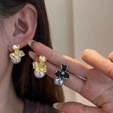 Black and Gold Flower Pearl Look Round Dangle Earrings