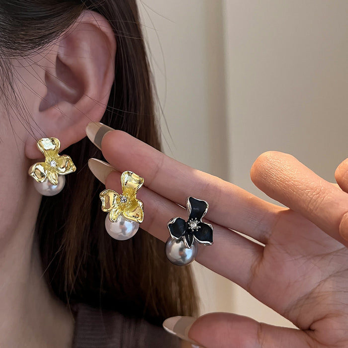 Black and Gold Flower Pearl Look Round Dangle Earrings