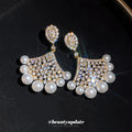 Fan Shaped Crystal Earrings with Pearl Fringe in Two Tones view 3