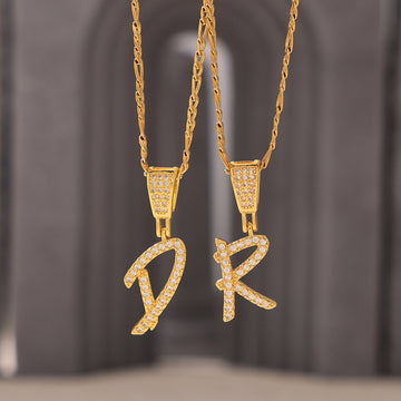 Gold Script Letter Zircon Pendant Necklaces A to Z