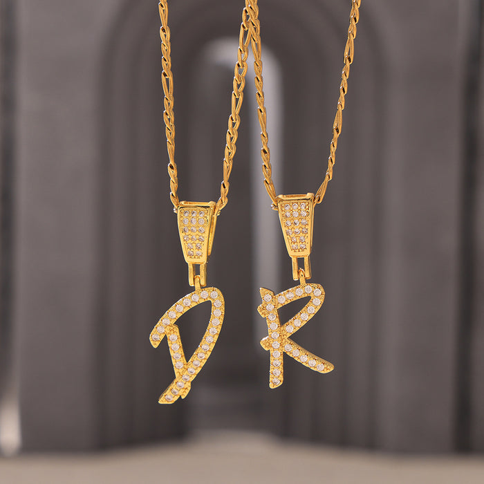 Gold Script Letter Zircon Pendant Necklaces A to Z