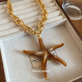 Brown Starfish Pendant Chunky Gold Tone Chain Necklace view 2