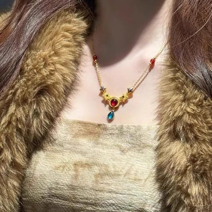 Gold Tone Red And Blue Cabochon Drop Necklace Decorative Jewelry