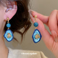 Blue Floral Oval Drop Earrings with Gold Tone Frames view 4